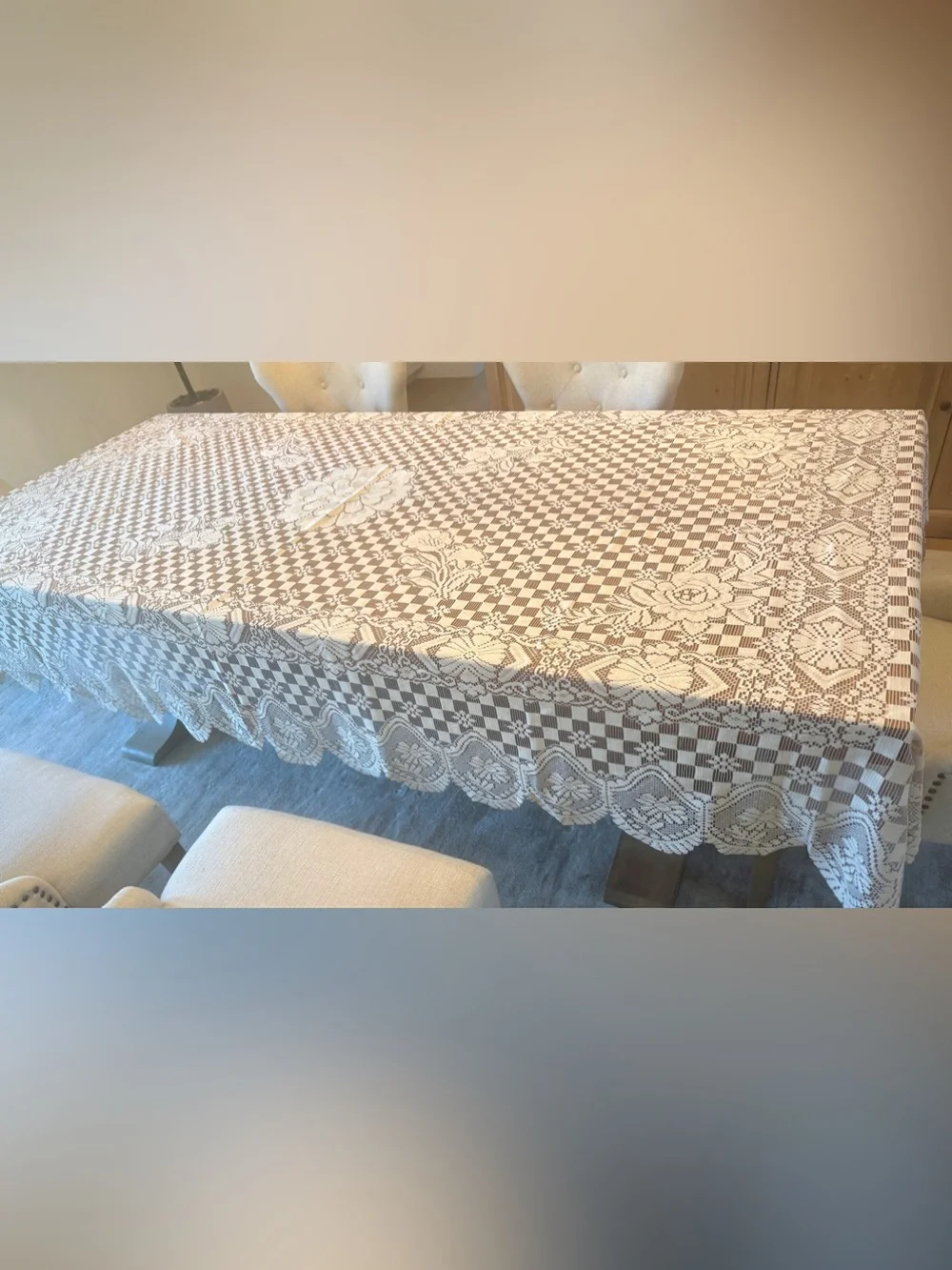 Large Floral Checkerboard Lace Tablecloth 114 x 71 Scalloped Ivory
